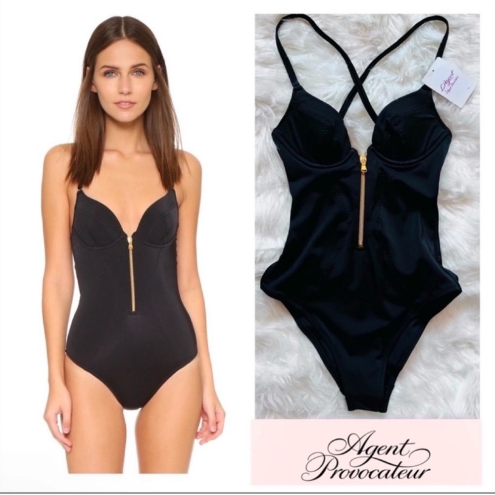 New! L’Agent by Agent Provocateur Black Corset Zip One-Piece Swimsuit